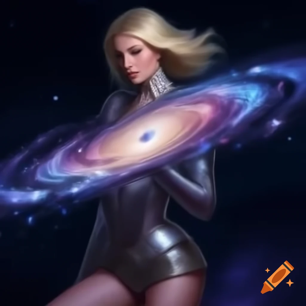 Woman in metallic outfit against galaxy background, looking at camera