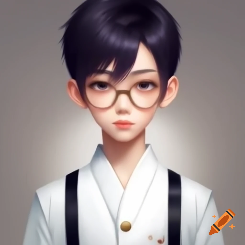 Half-body portrait of anime boy in glasses wearing Japanese manga artist uniform