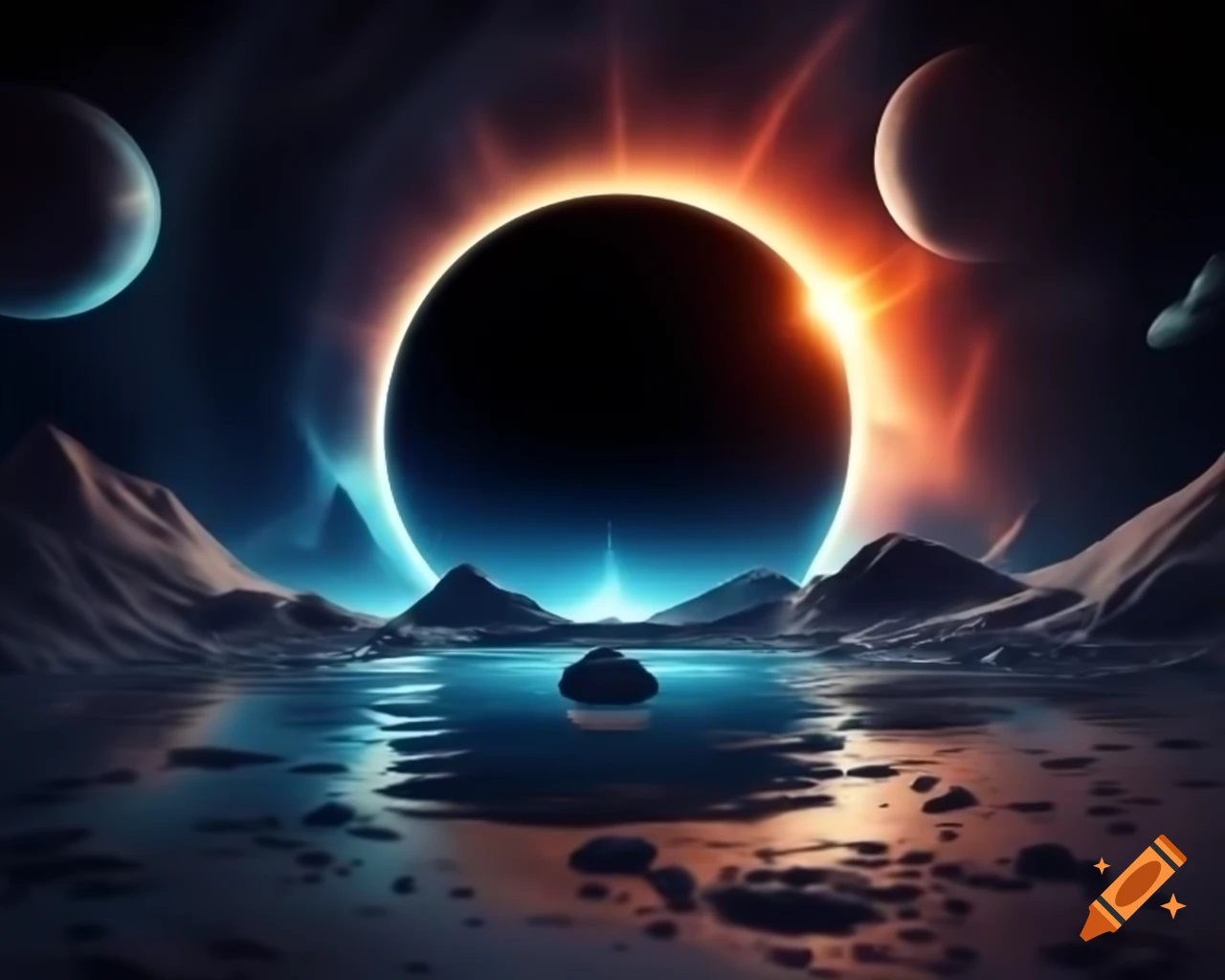 Hyperrealistic black hole in space scene with stars and blue-orange rim lights