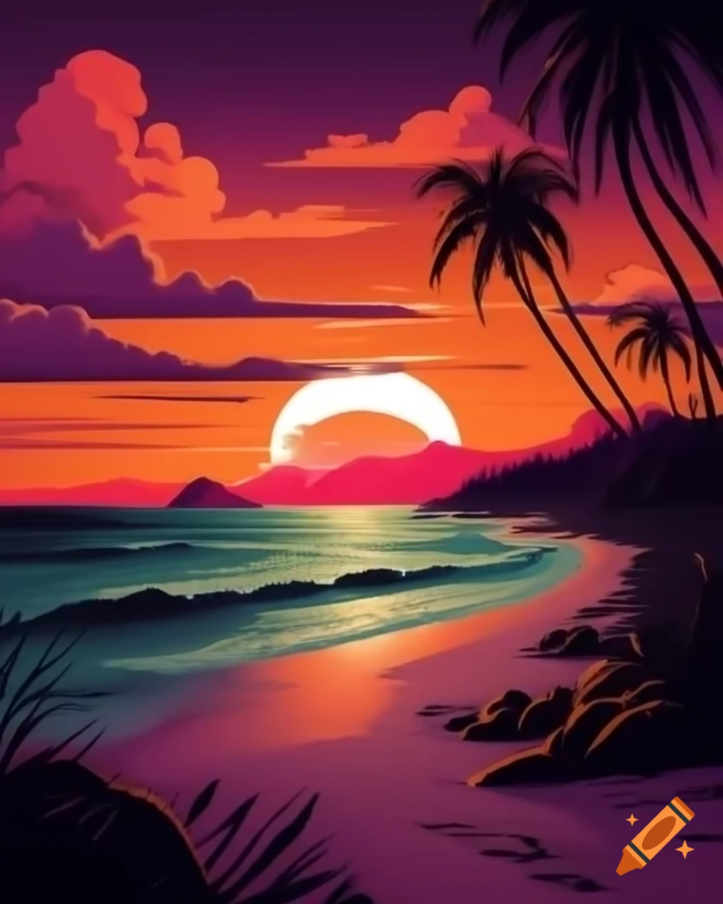 Vibrant retro beach sunset scene with bold psychedelic colors