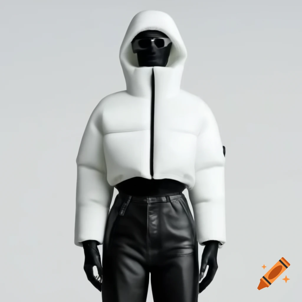Masked mannequin in white puffer jacket and black skinny jeans