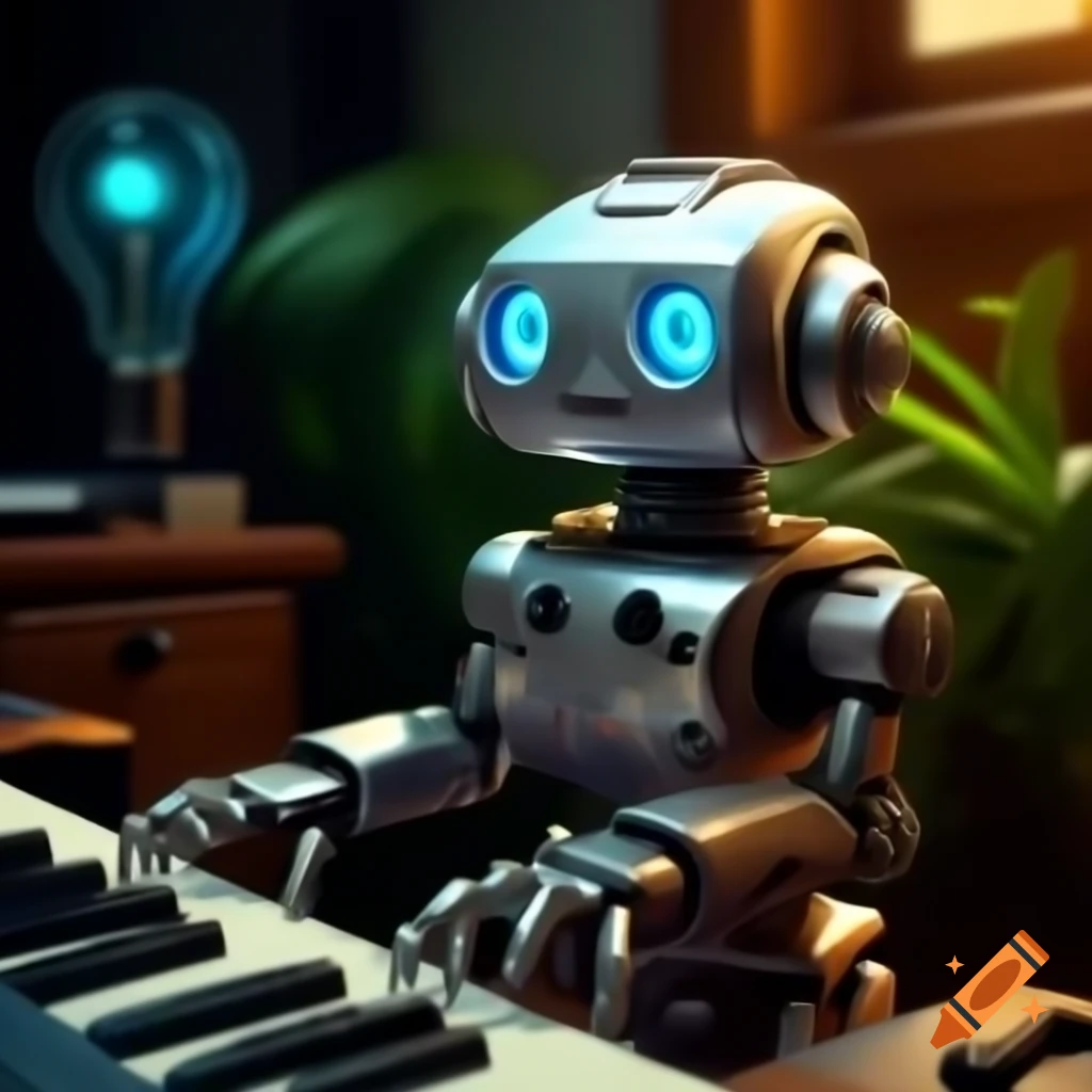 Friendly robot with glowing blue eyes playing synthesizer, painted metallic silver