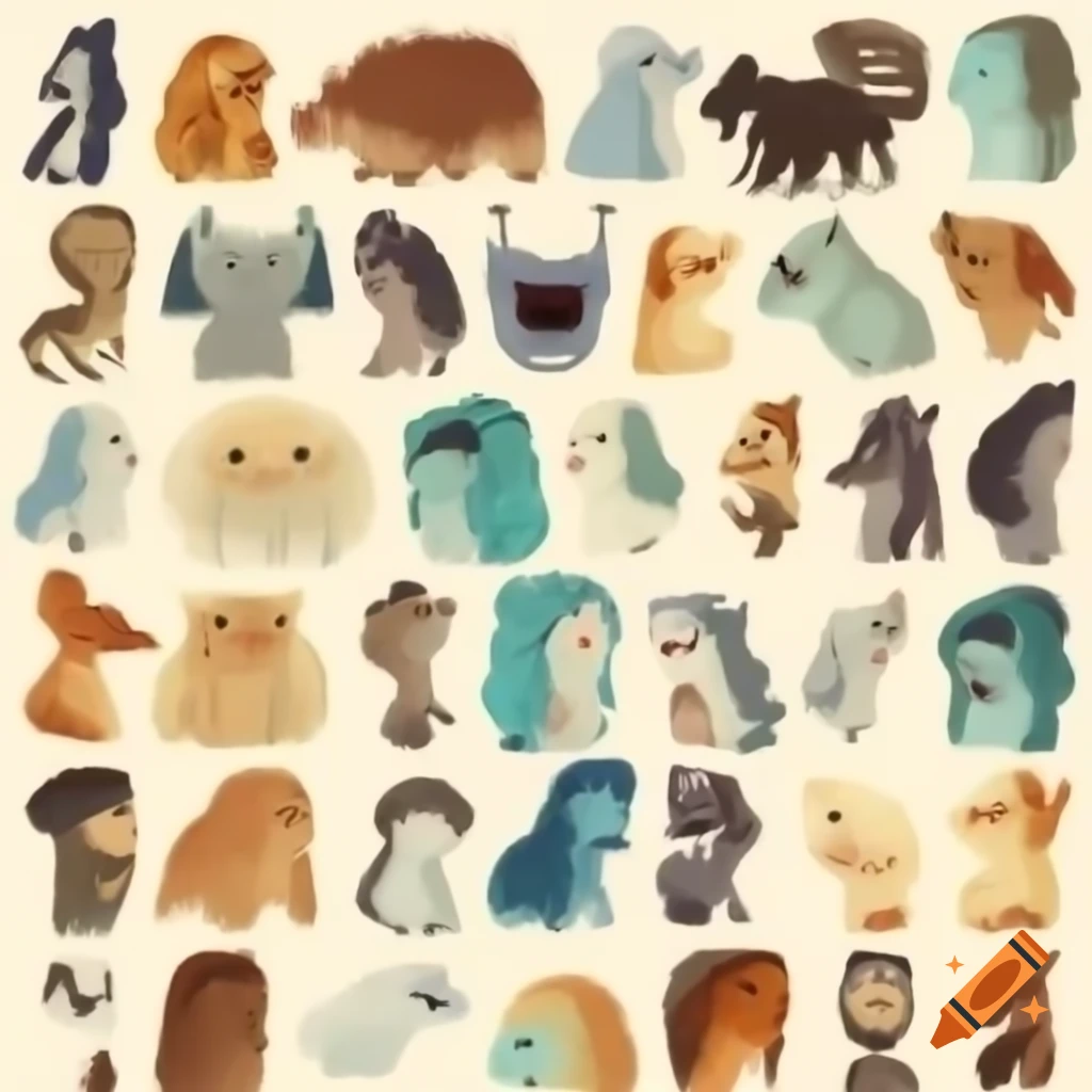 Cartoony themes for artwork featuring animals, people, and mythical creatures