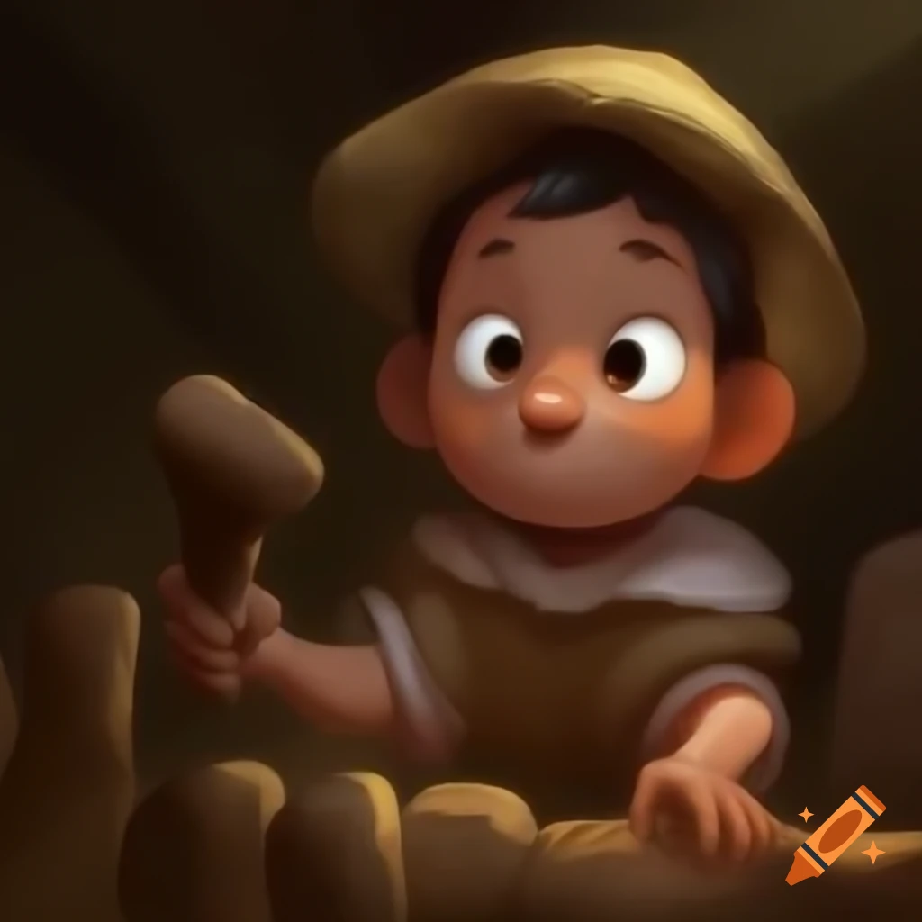 Child from ancient times crafting with wood