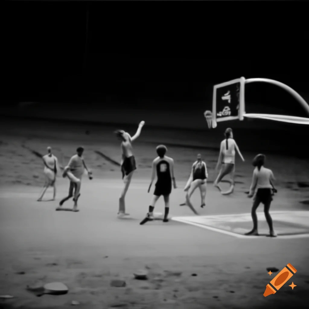 Basketball match on lunar surface in spacesuits with high jumping ball