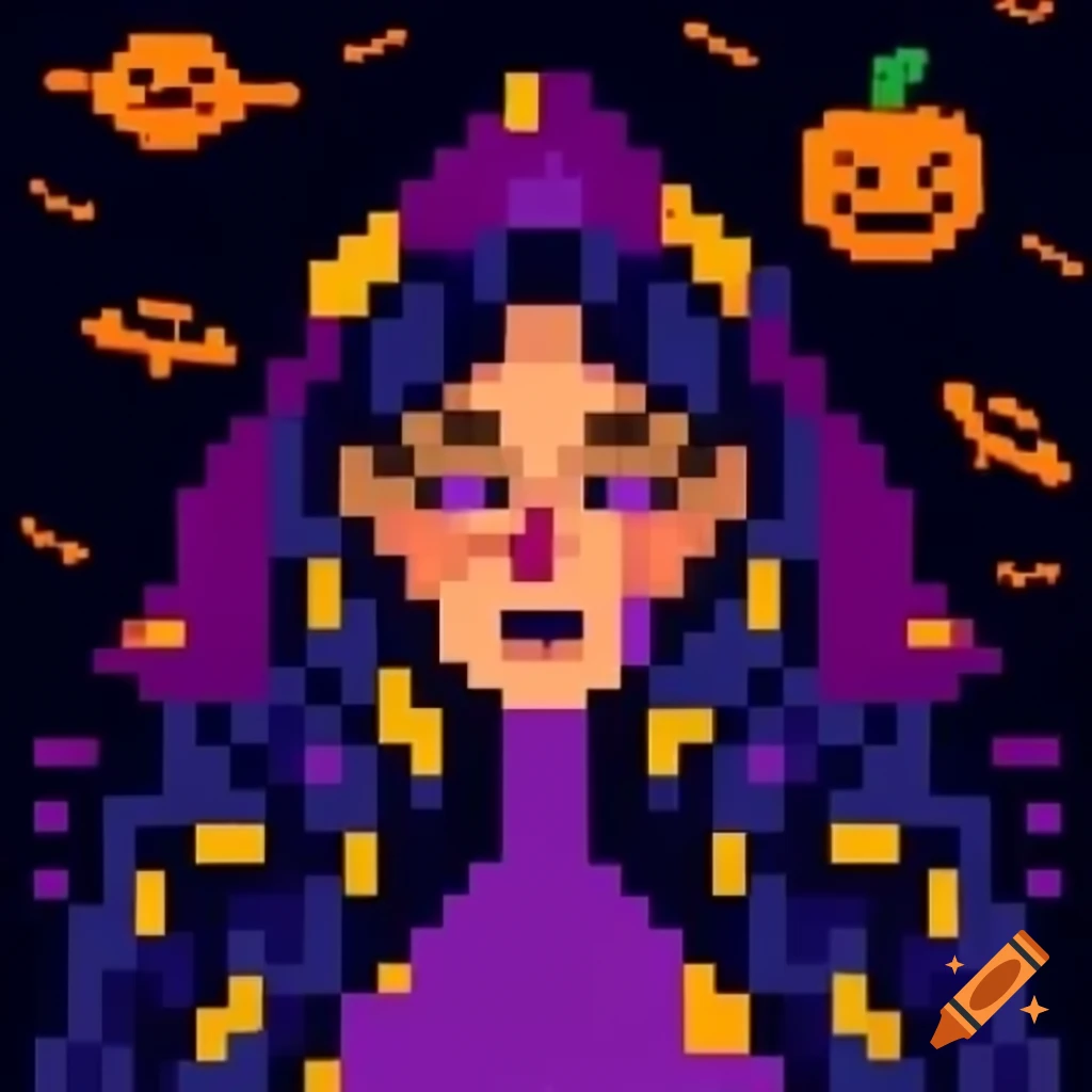 Pixel art representation of a woman dressed for Halloween