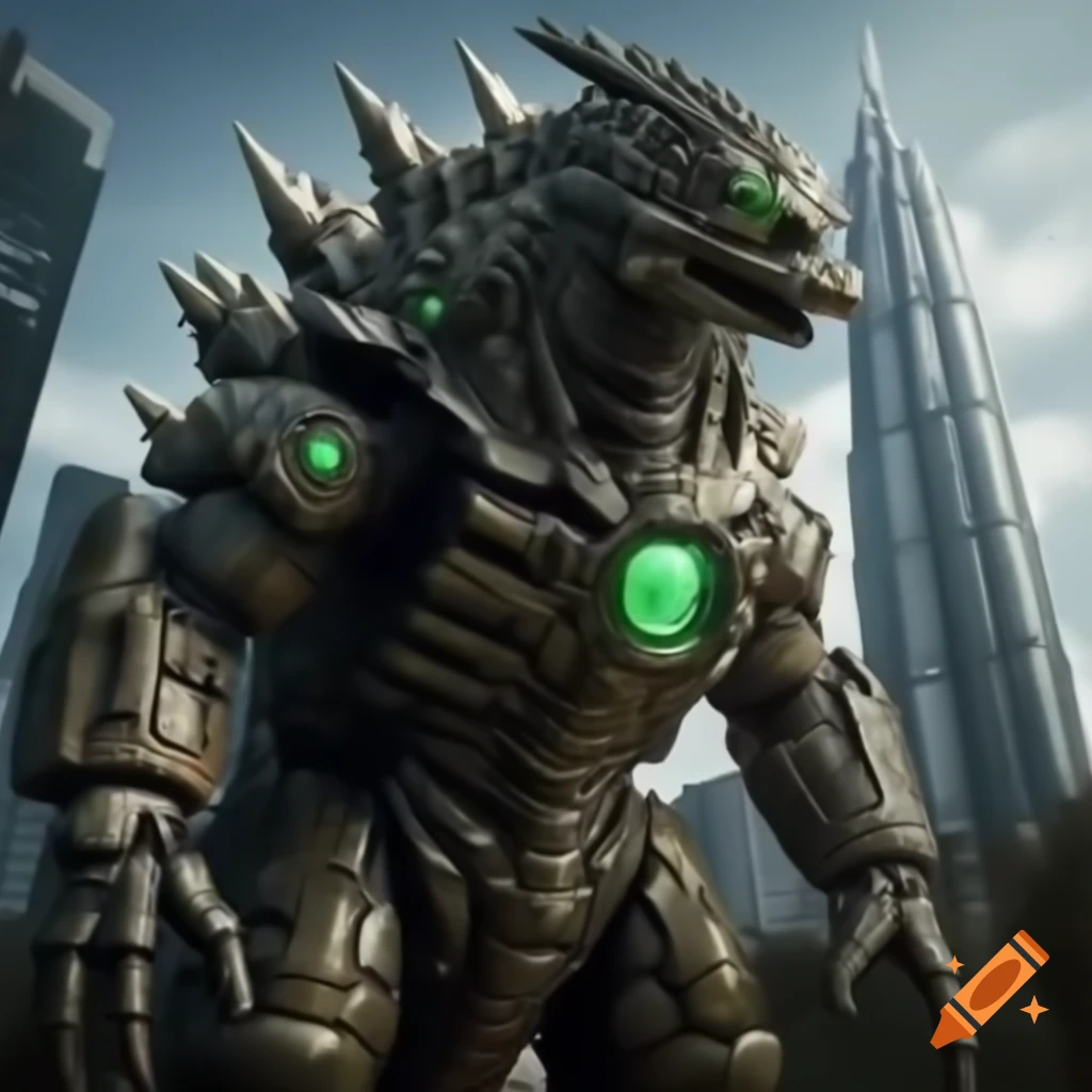 Mechanical kaiju resembling Mechagodzilla towering over city with glowing green reactor and ION guns