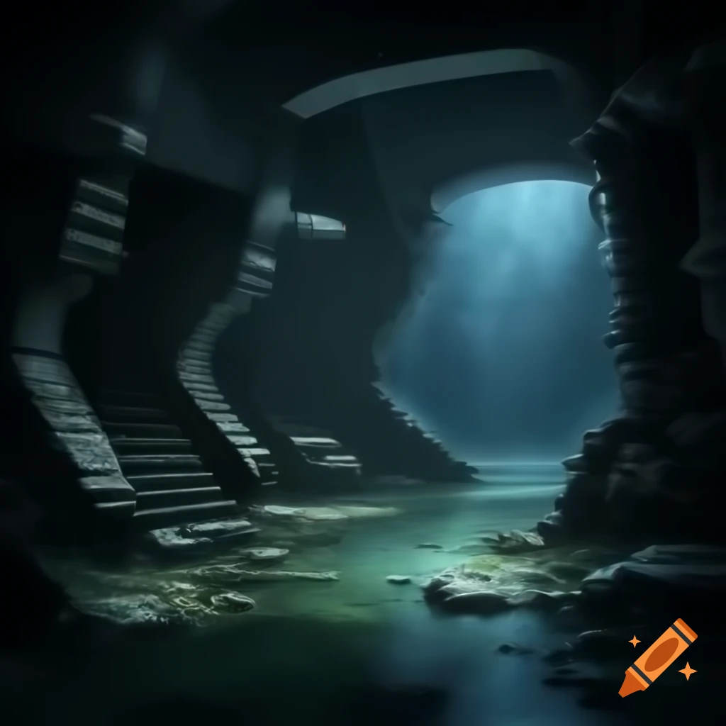 Dark dungeon background with water