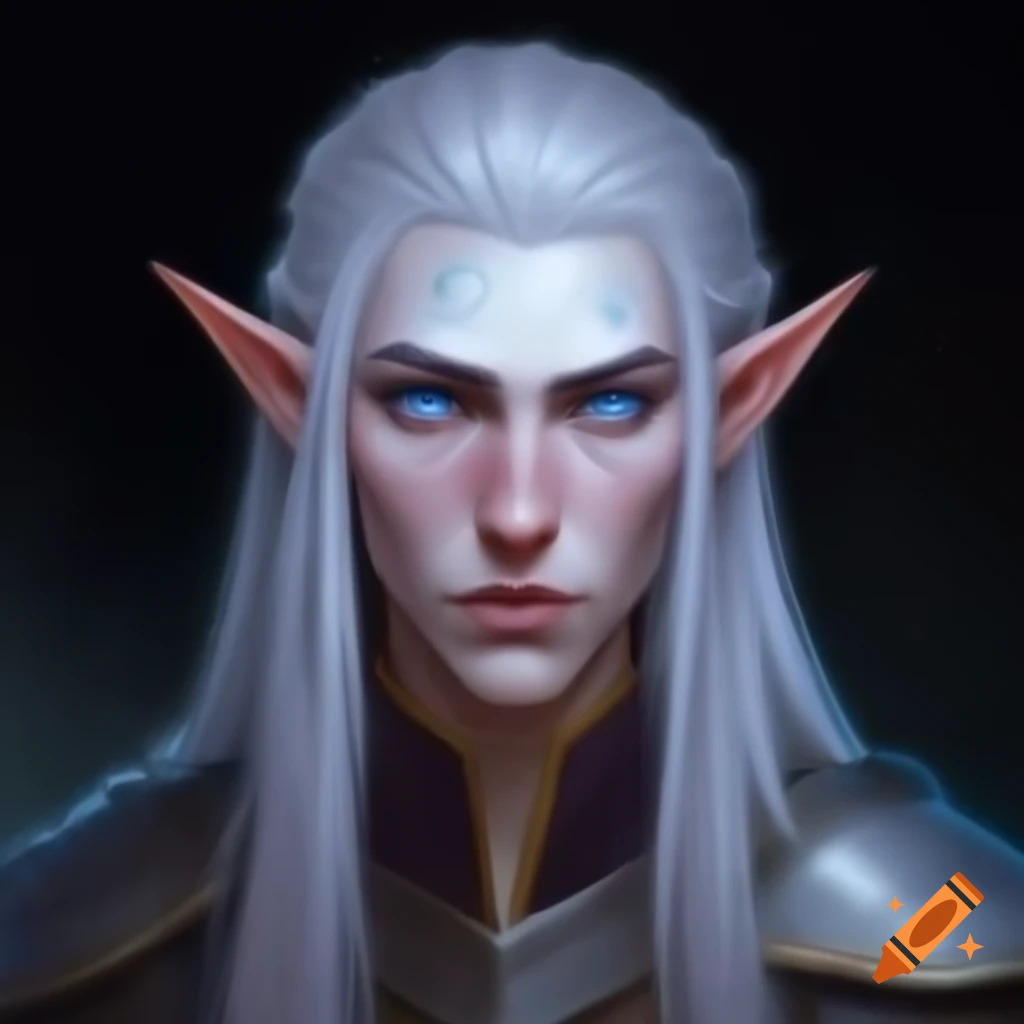 Half-elf bard character with long silver hair and blue eyes