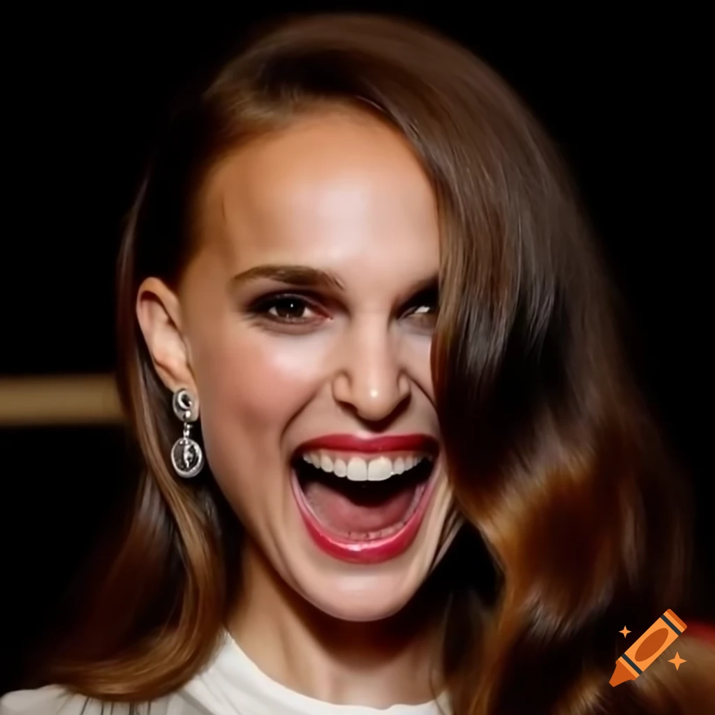 Natalie Portman laughing heartily with crinkled eyes