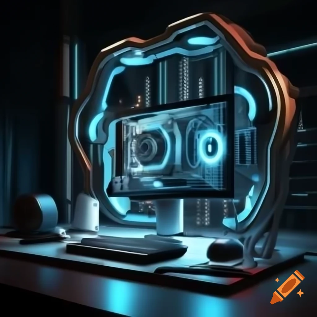 Futuristic high-performance computer setup with curved UHD monitor and blue LED lighting