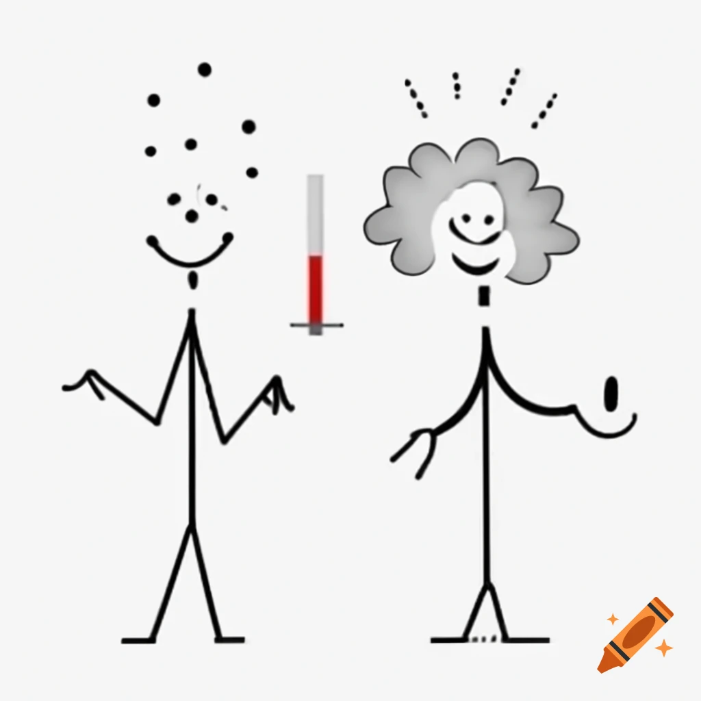 Stick figure drawing of Marie Curie and Einstein in chemistry lab holding hands