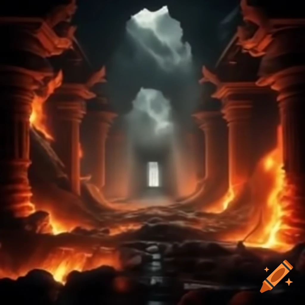 Temple corridor filled with traps, fire, and lava