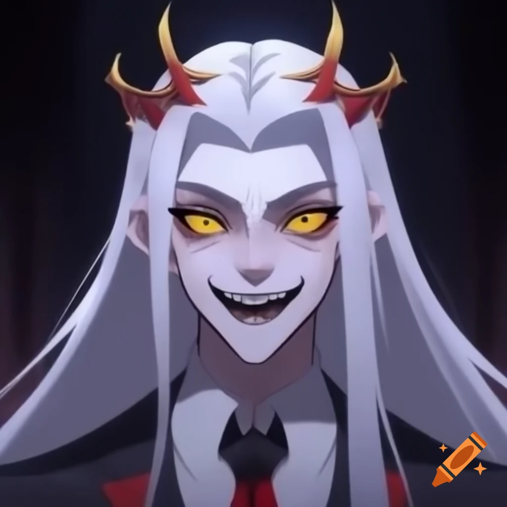 Handsome young vampire prince with long white hair and crown, wearing white suit and evil smile