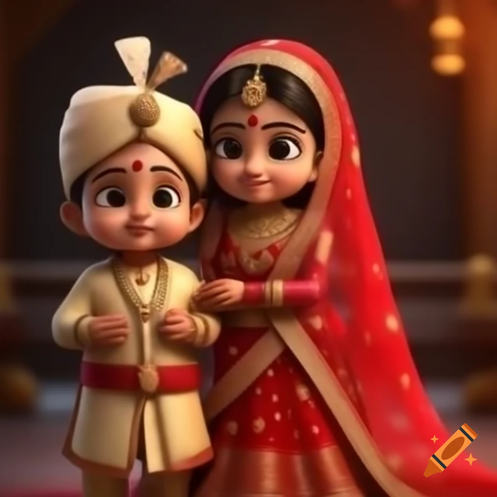 Animated baby dulha in sherwani and dulhan in red saree