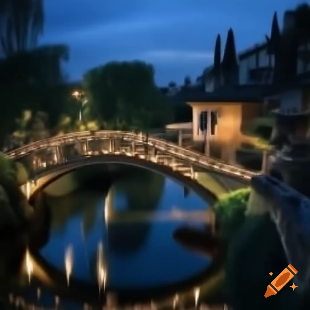 Romantic small bridge with two people leading to a charming house at dusk