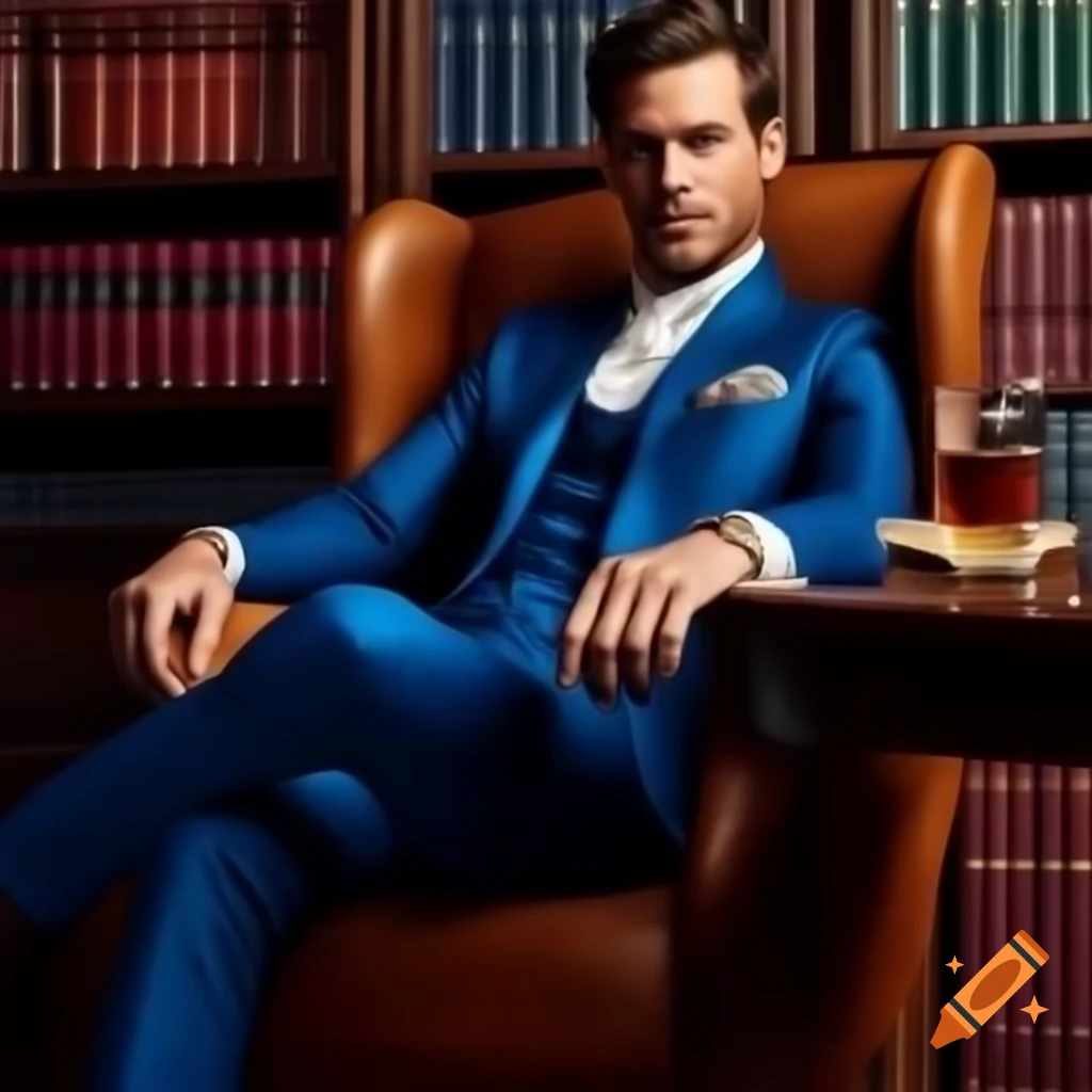Wealthy man in blue suit sitting in elegant study with bookcases