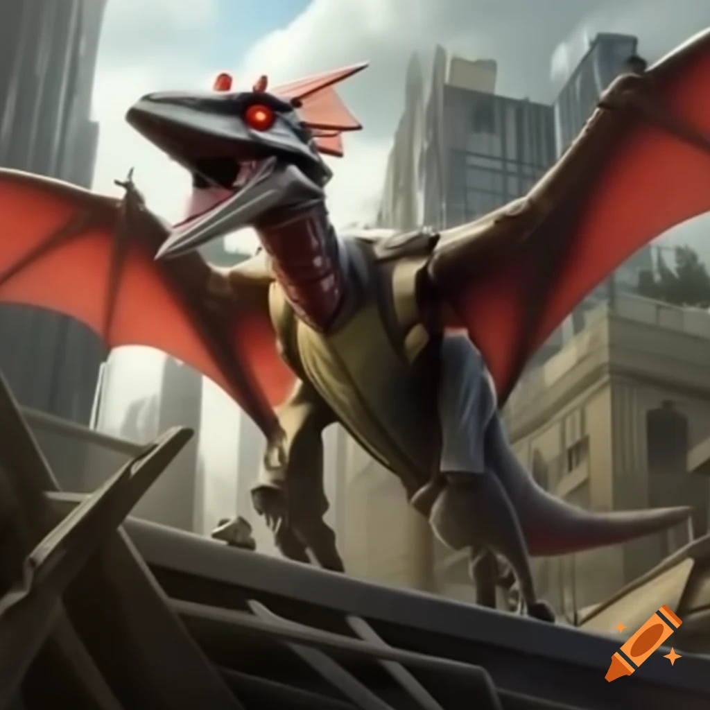 Robotic pterodactyl with red eyes on destroyed building overlooking ruined city