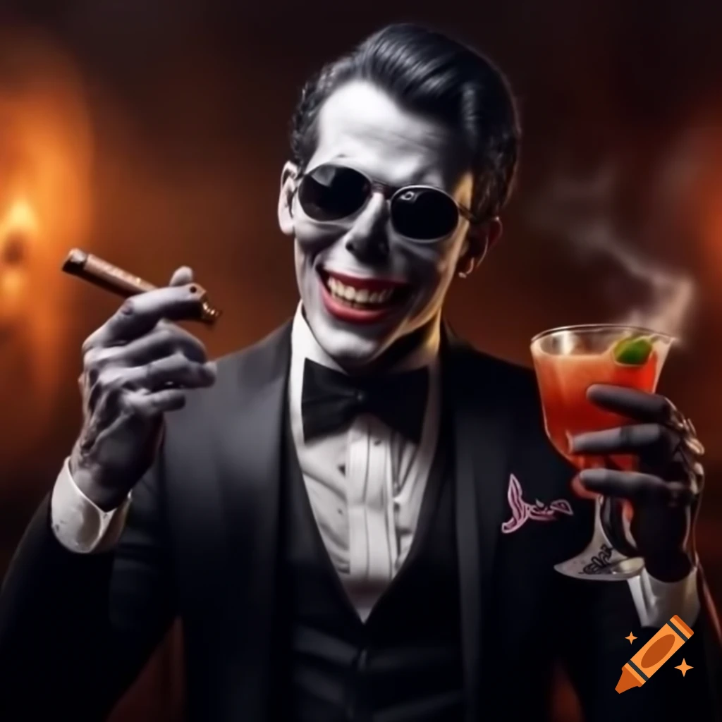 Stylish ghoul in tuxedo with sunglasses, cocktail and cigar