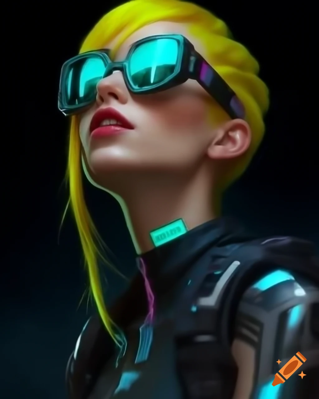 Woman with yellow hair in cyber clothes looking up with turquoise sunglasses