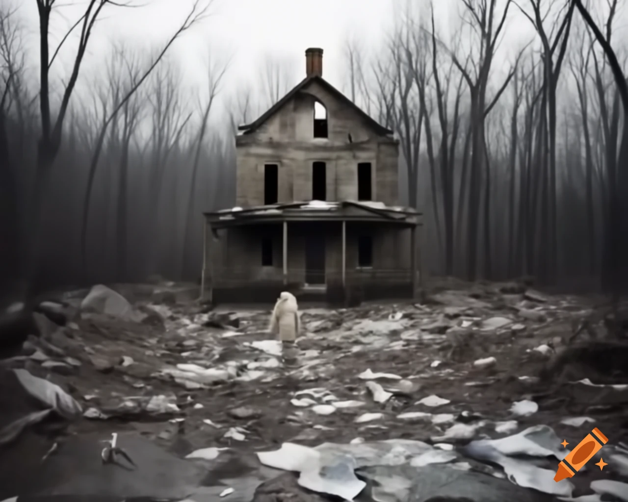 Lonely ruined house on trash-covered path in winter forest, man with scary face on porch