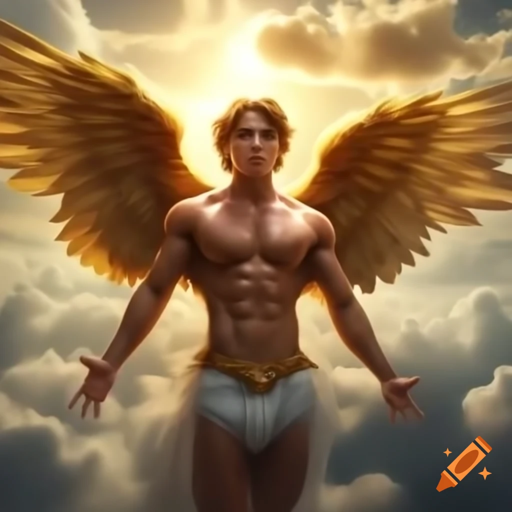 Realistic depiction of Icarus with golden wings among clouds and sun