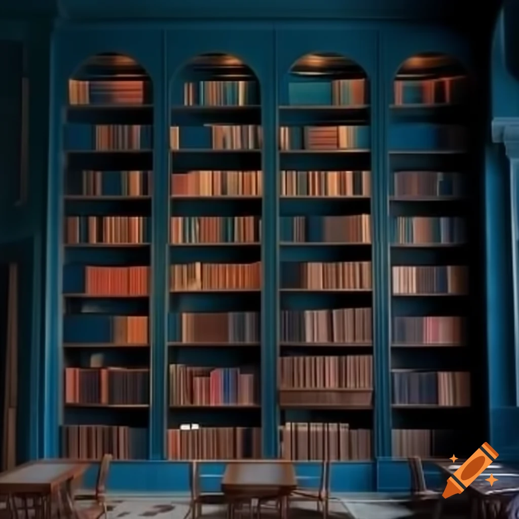 Beautiful bookshelves in blue oriental library, illuminated design