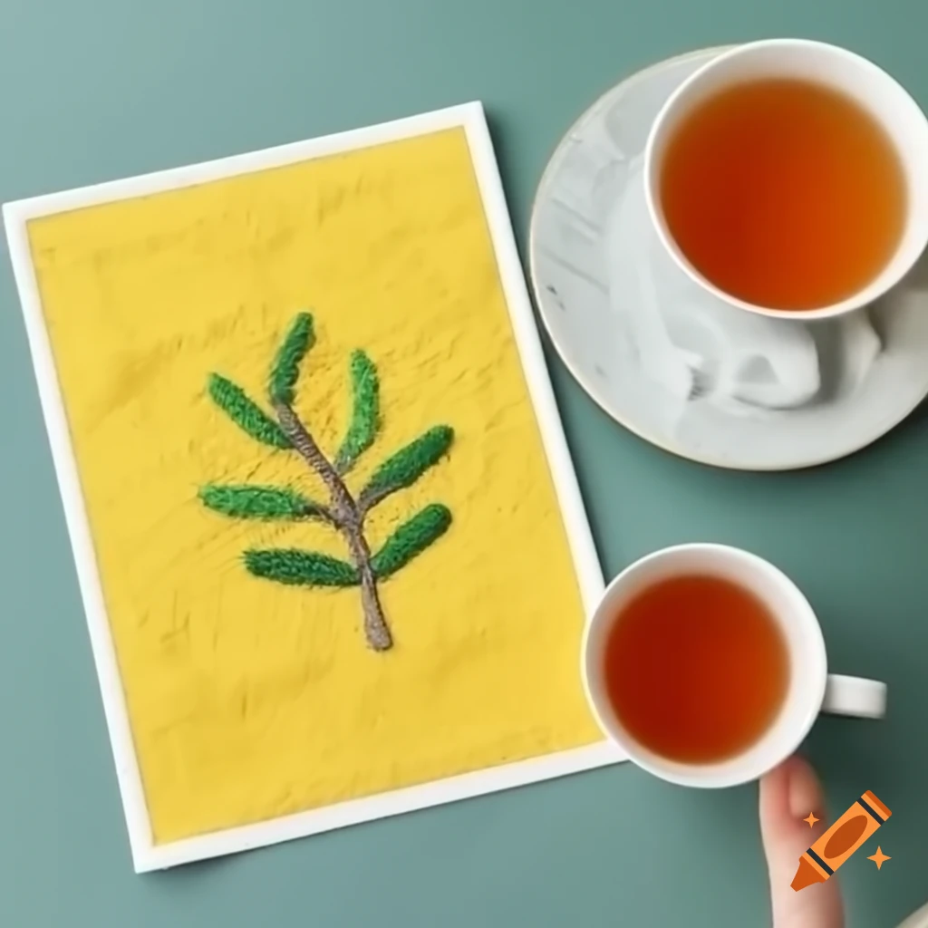 Embroidery and a cup of tea on a backdrop of yellow leaves