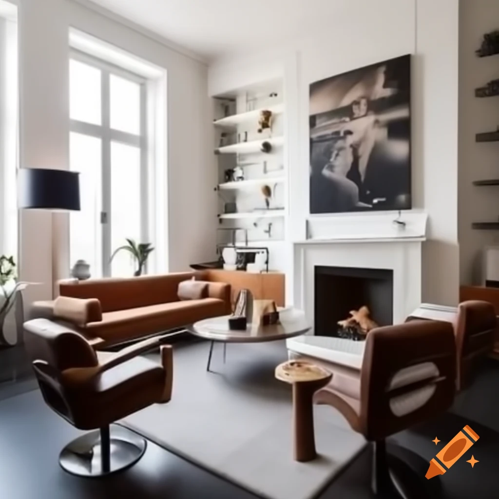 Cozy modern living room interior with fireplace and tall format painting