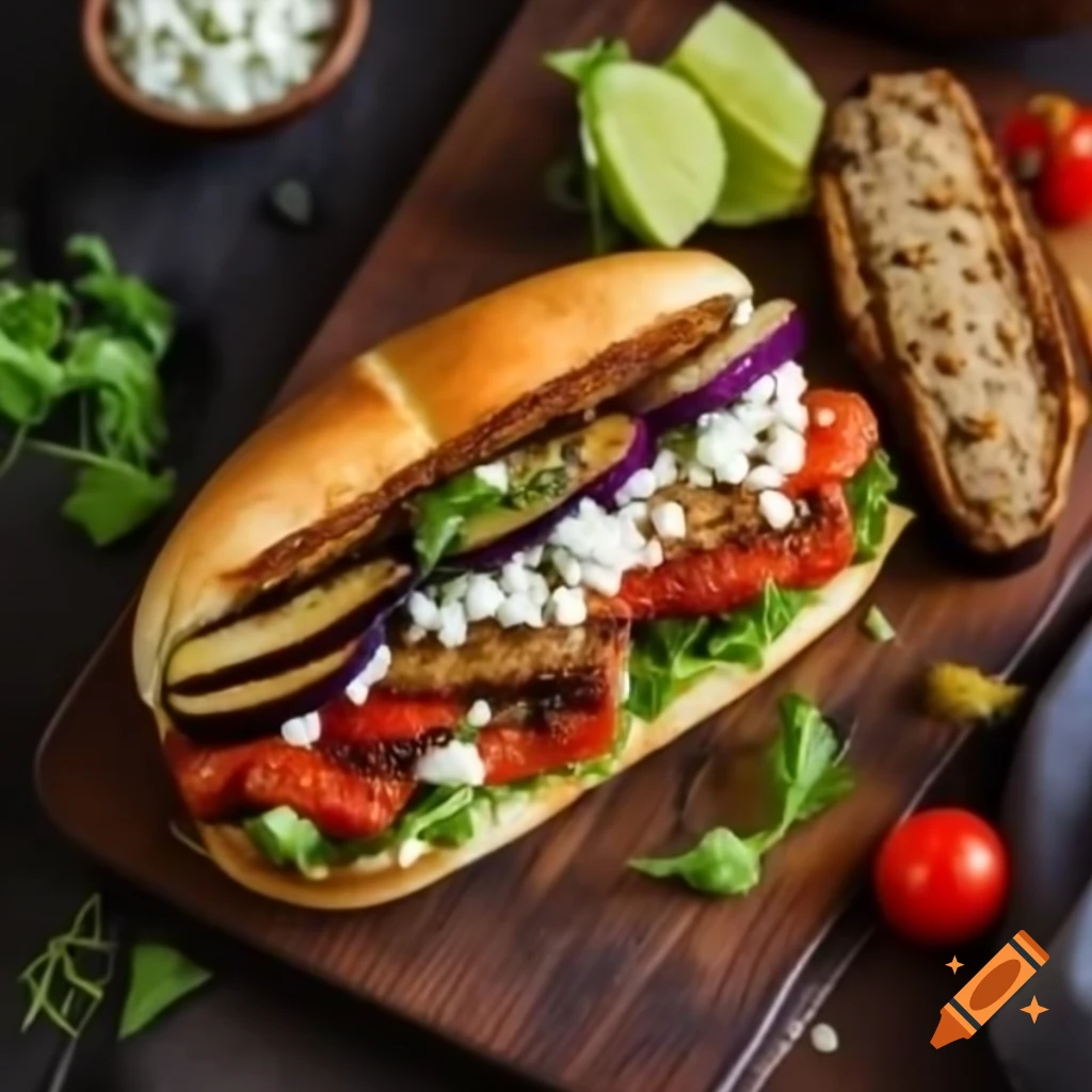 Kebab sandwich with grilled vegetables, feta, and sauce