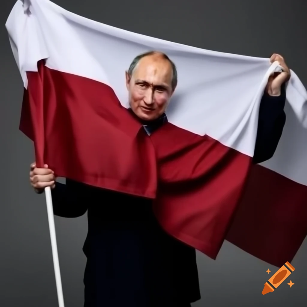 Vladimir Putin holding Latvian flag with a smile