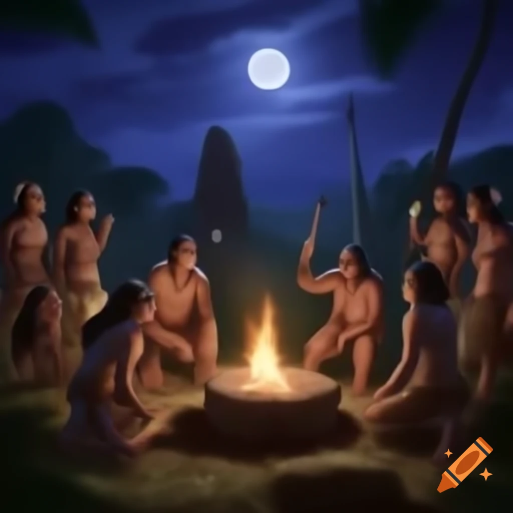 Tribal village conducting ritual by moonlight in jungle with stone altar