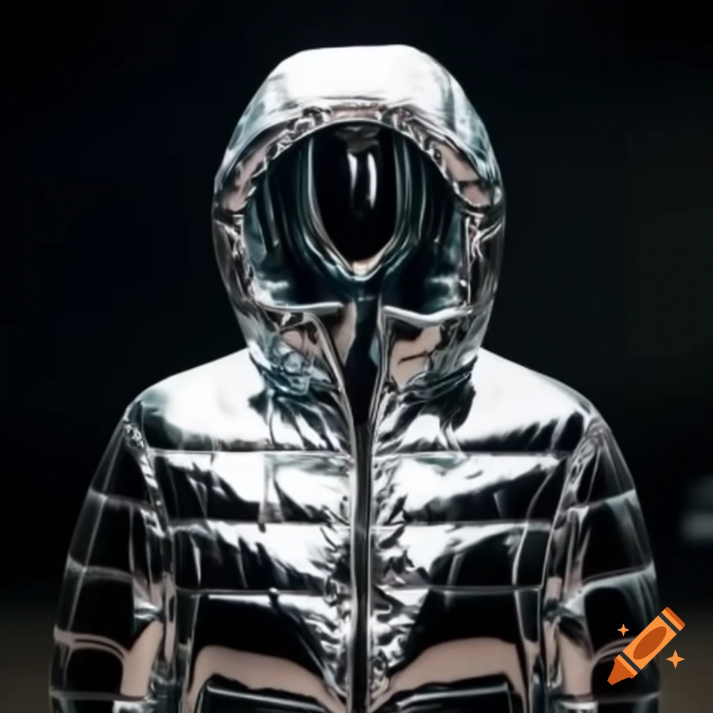Chrome mannequin dressed in oversized puffer jacket