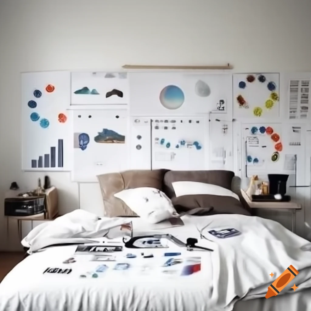 Messy bedroom with various graphs scattered around