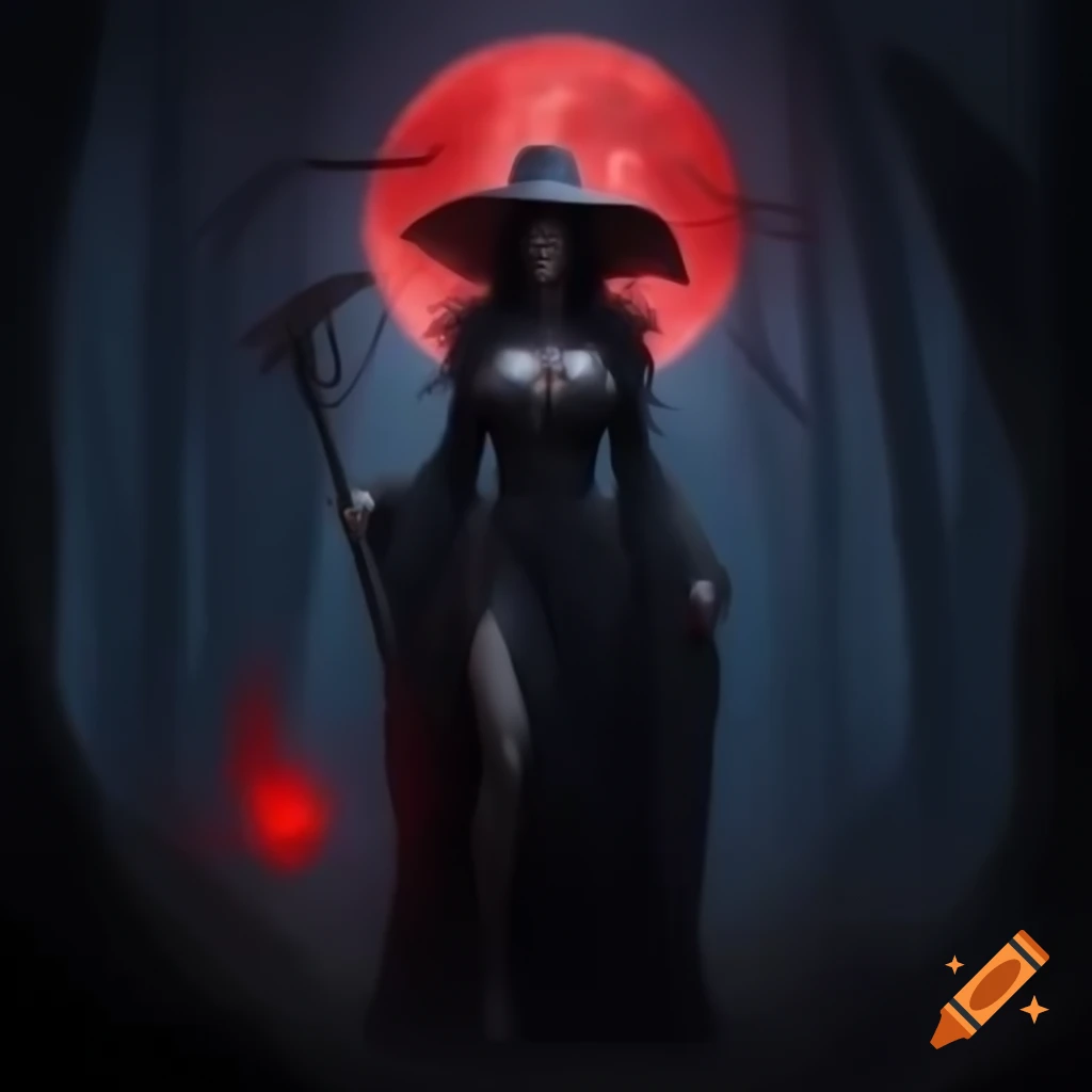 Dark fantasy witch in forest with blood moon, hyper realistic style