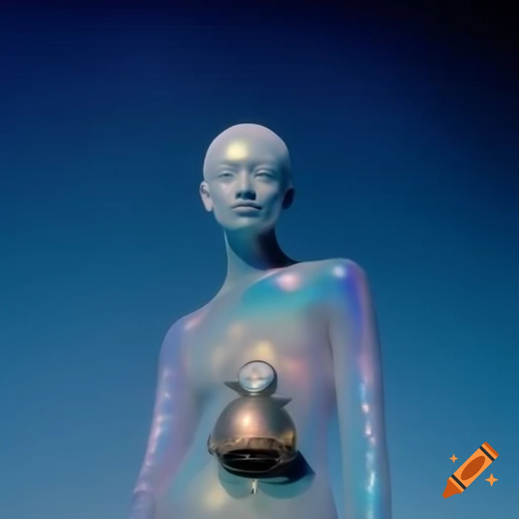 Pop surreal photography featuring iridescent glass statue