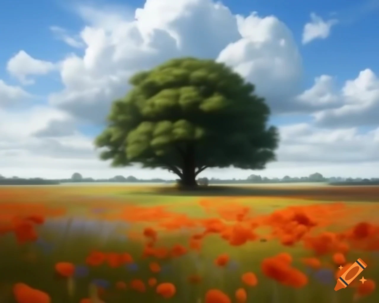 Surreal meadow with big oak tree, poppies, and cornflowers