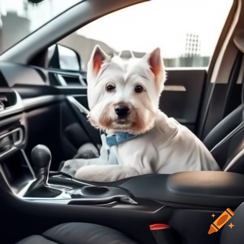 West Highland White Terrier driving a car