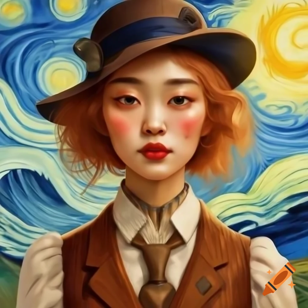 Korean woman in Rockabilly attire portrayed in animated style with elements of Van Gogh and Rembrandt