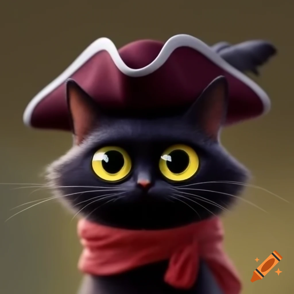 Cute all-black cat wearing maroon and white tricorn hat