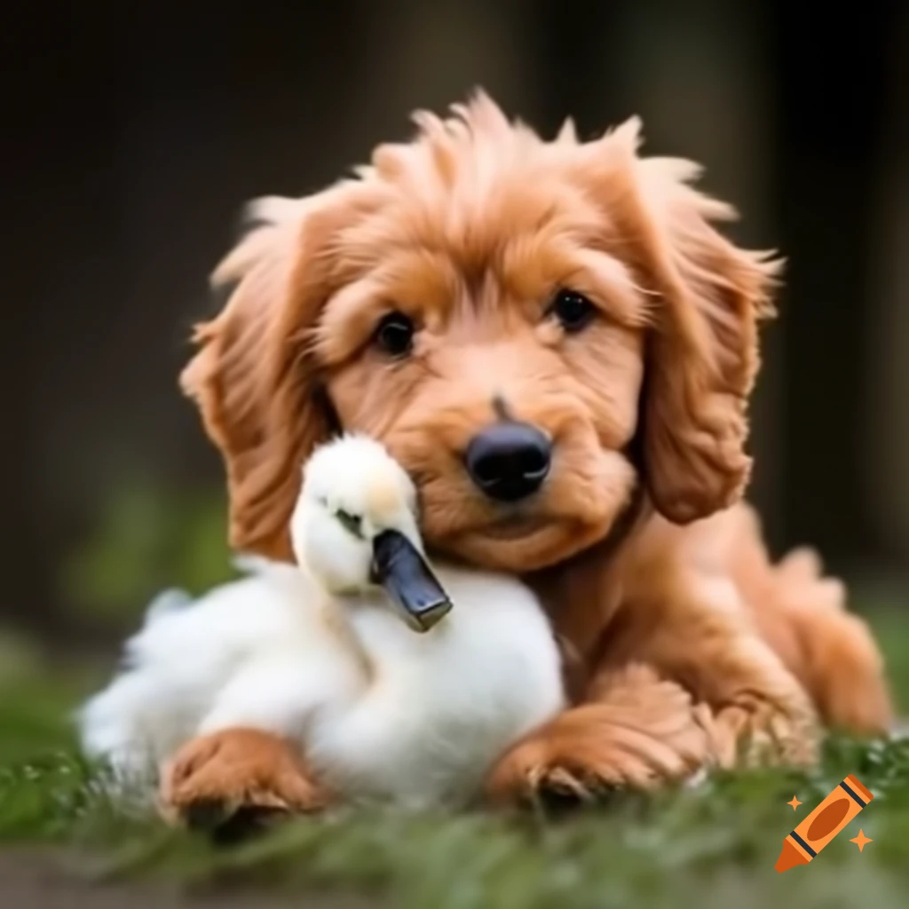 Golden cockapoo cuddling a goose