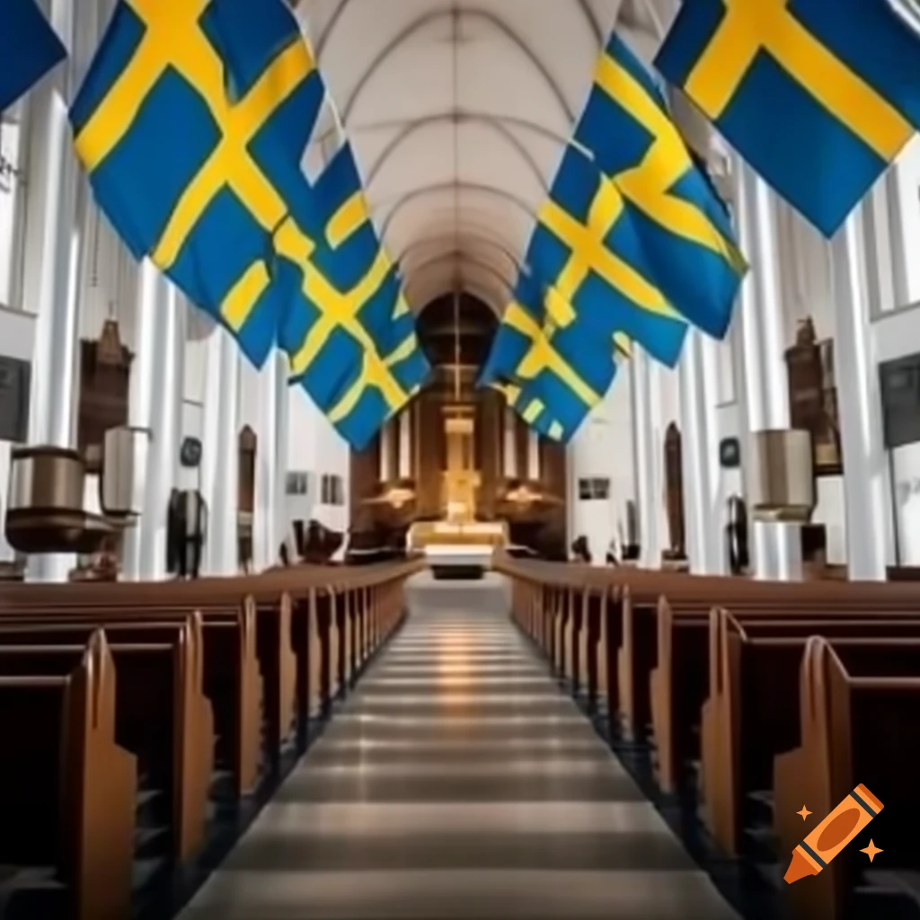 Swedish church adorned with flags and nationalistic decor