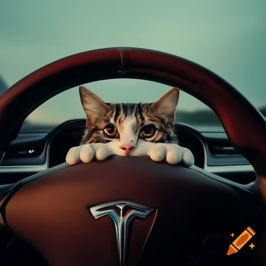 Mischievous feline purring on steering wheel of red Tesla with determined eyes