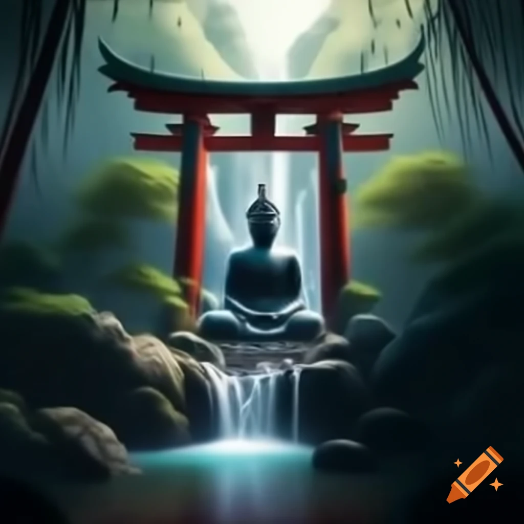 Buddha statue under torii gate near waterfall in bamboo forest