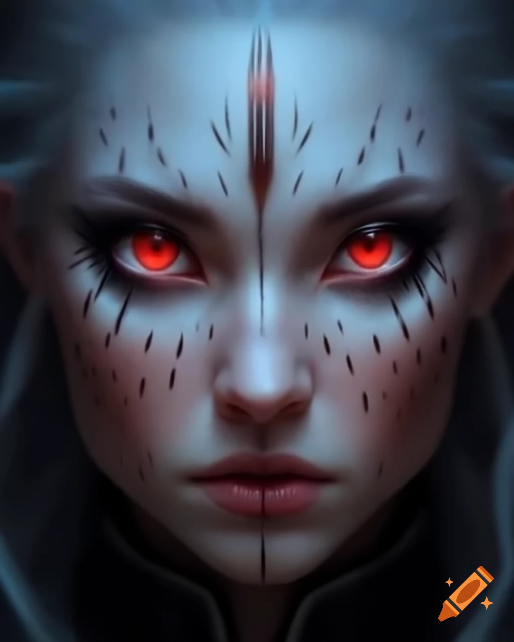 Hooded figure at night with red face paint and wide open eyes and mouth