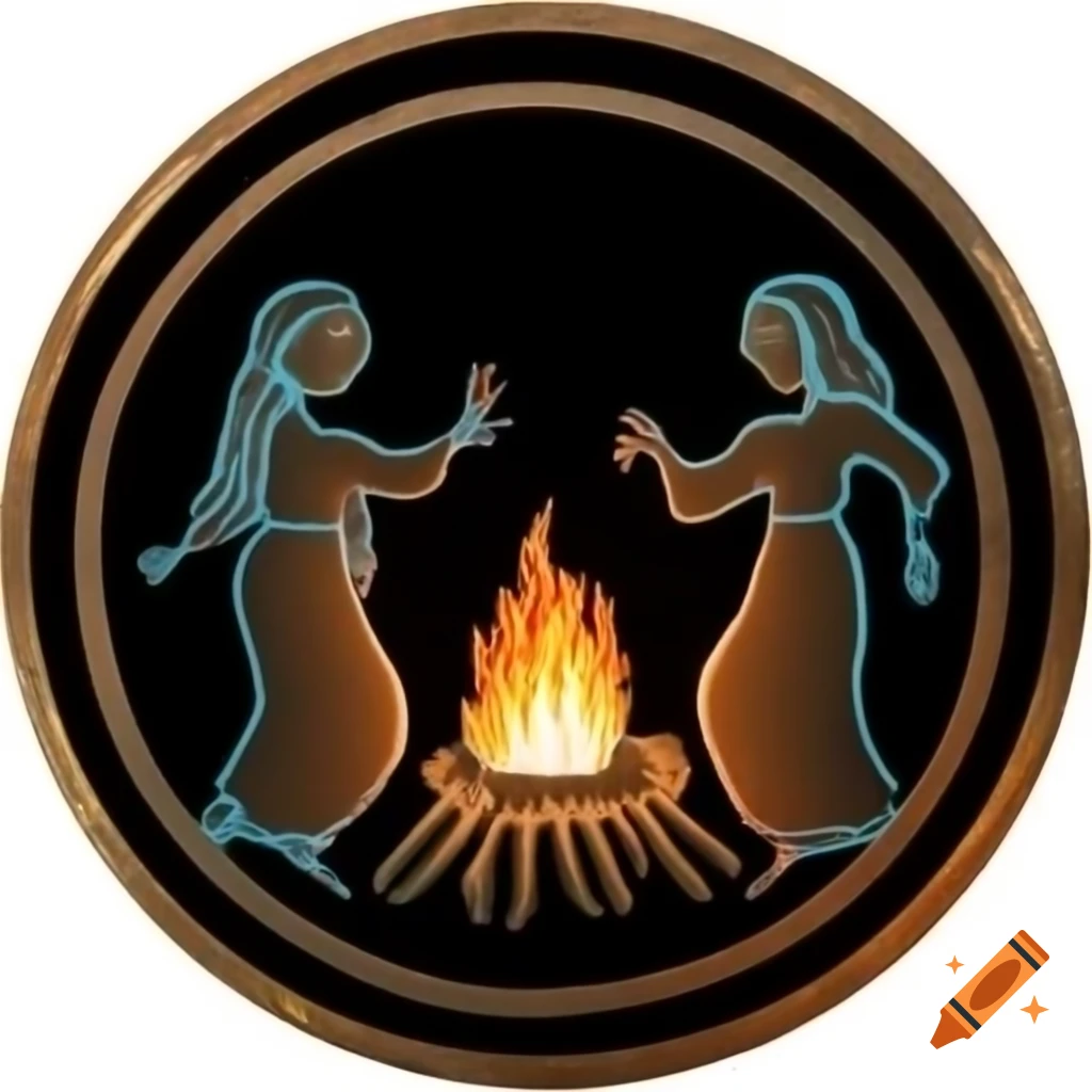 Bronze outline of pagan women dancing around bonfire under Milky Way on black background