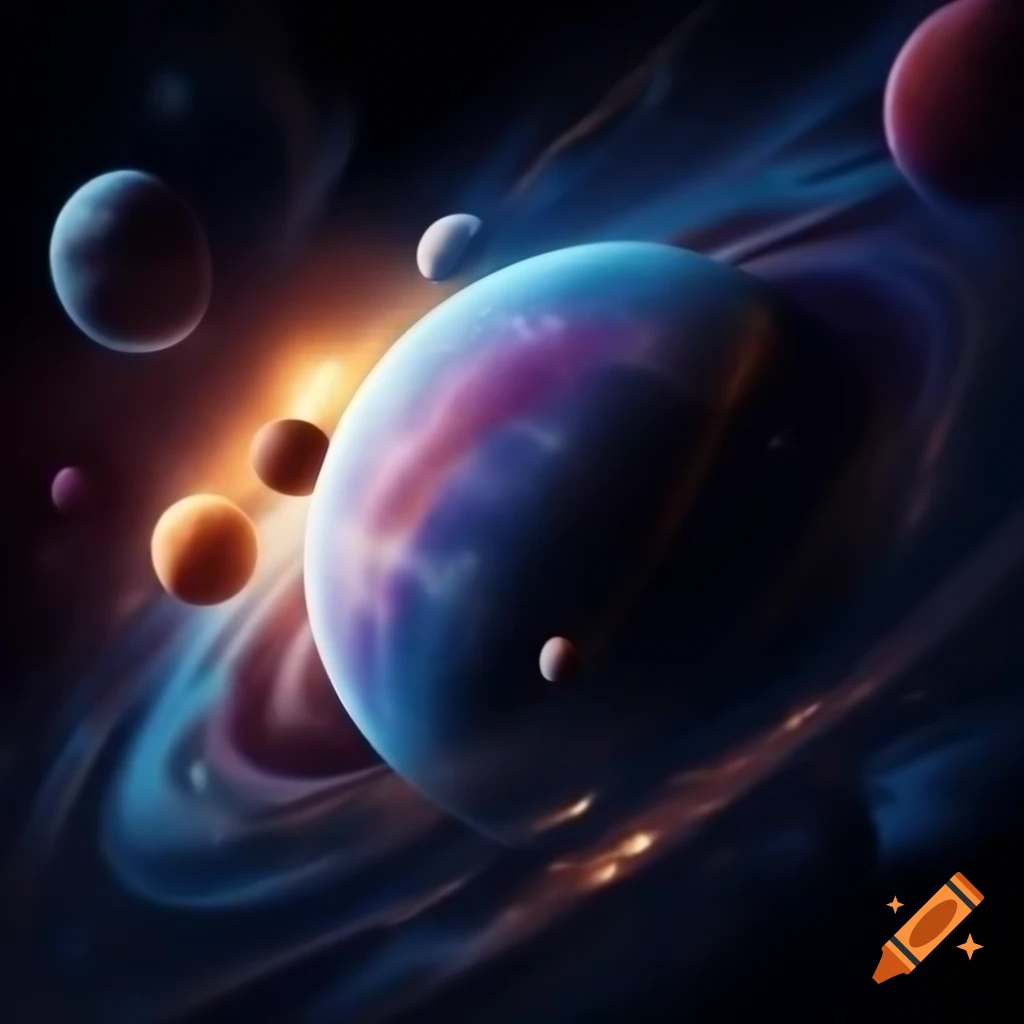Abstract depiction of a universe with colorful geometric planets