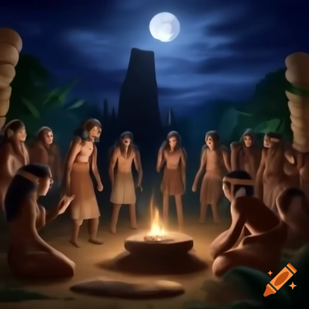 Tribal village conducting ritual by moonlight in jungle with stone altar