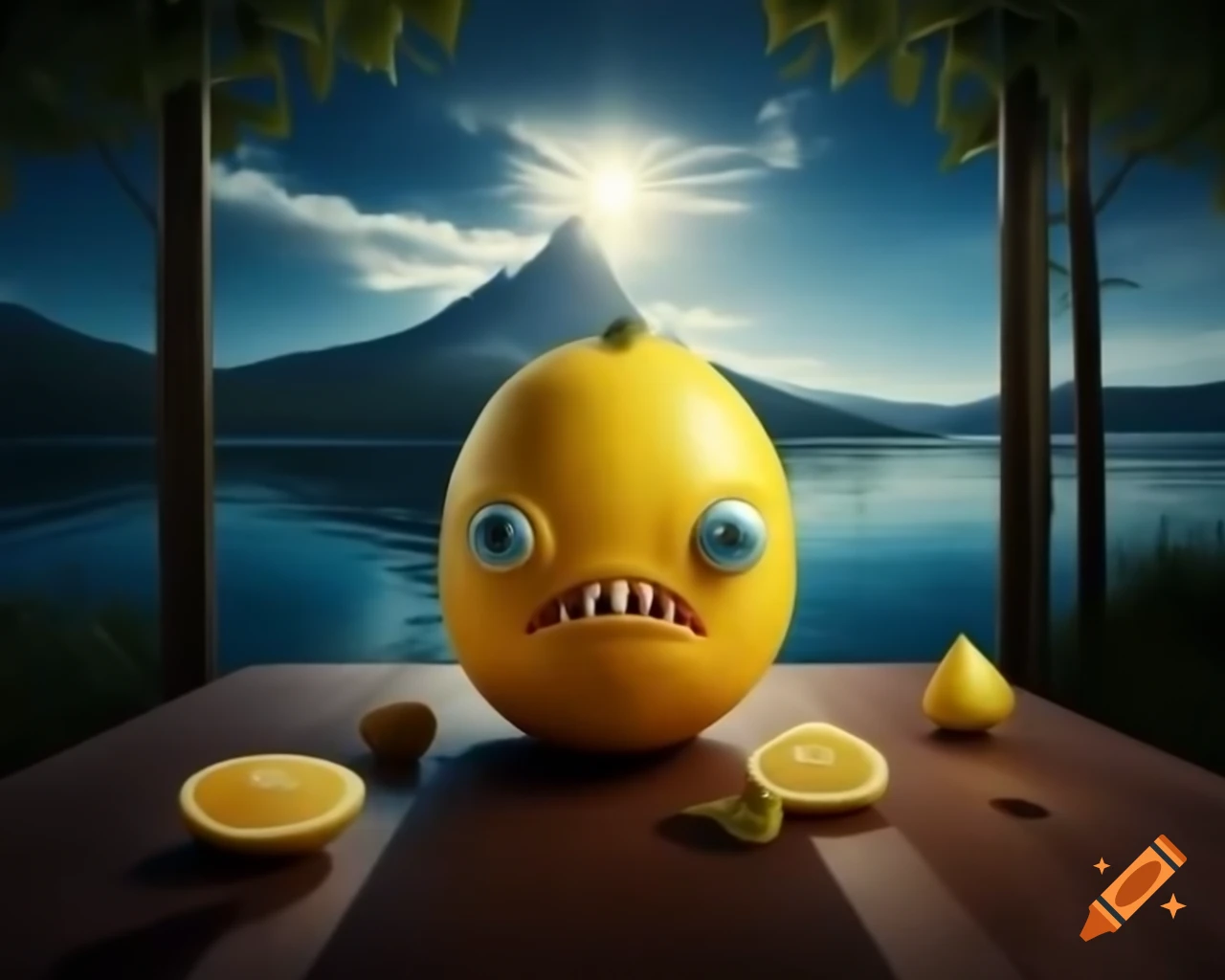 Surreal lemon monster sculpture with human features in forest setting