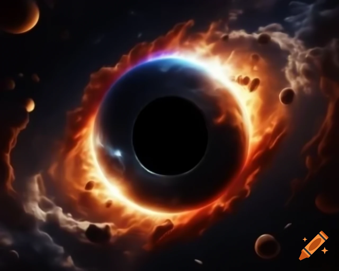 Realistic black hole in star-filled space with artistic lens flare
